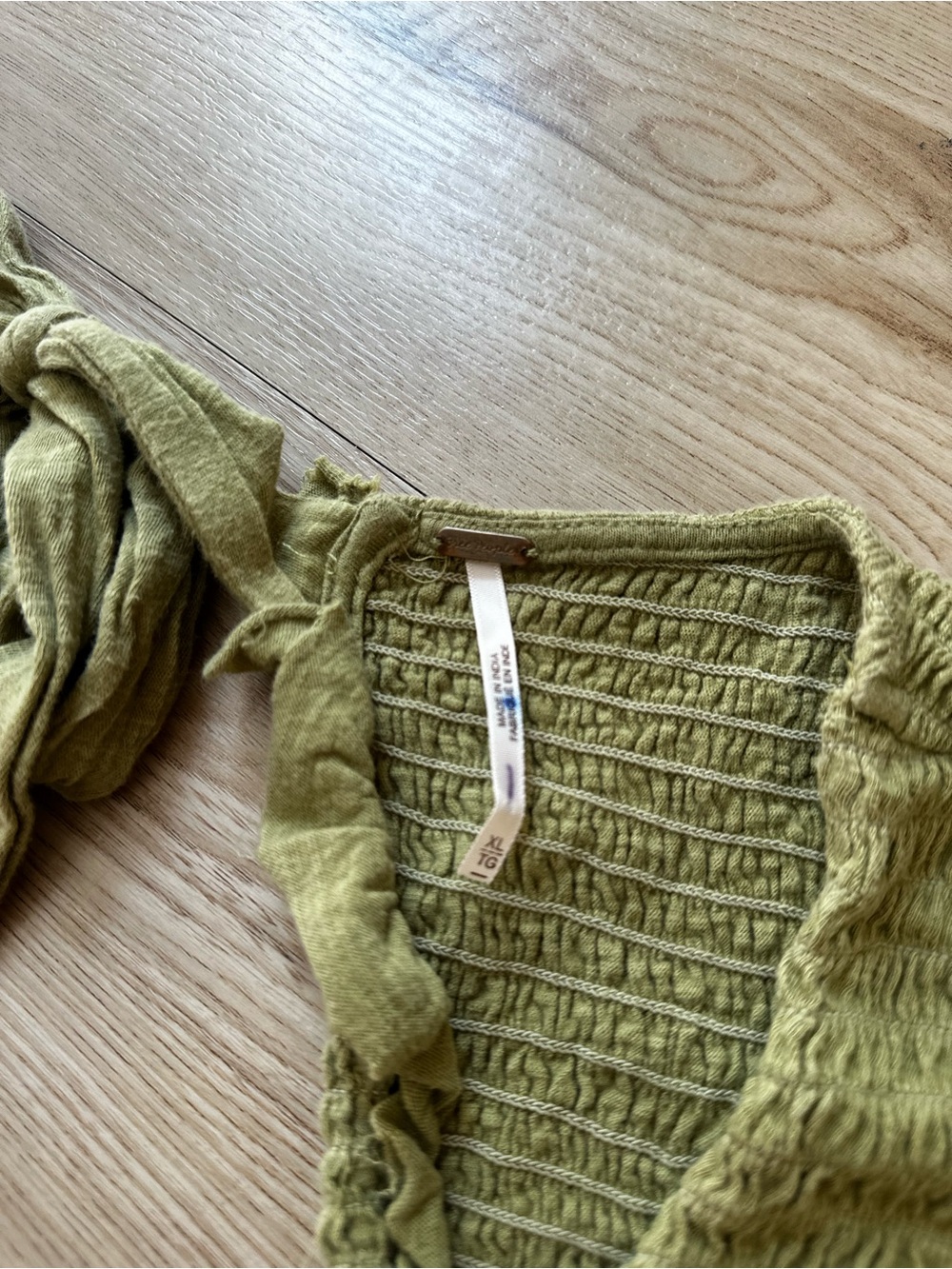 Free People Olive Green Smocked V-Neck Tie-Back Peplum Top - Picture 3 of 4